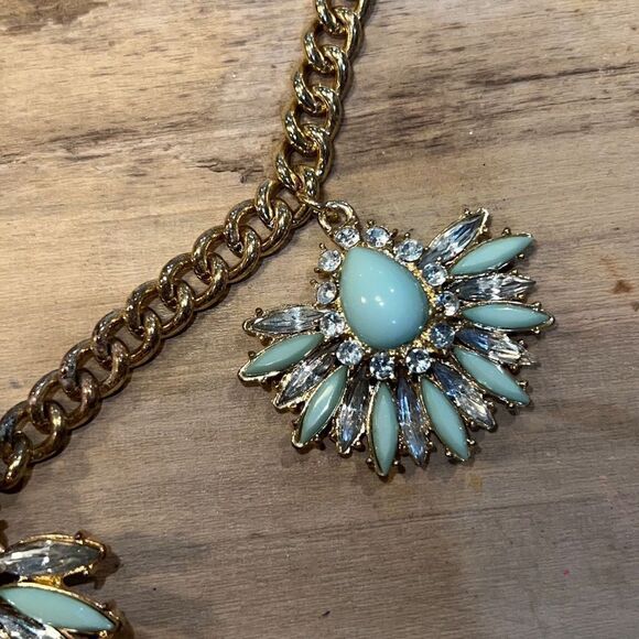 Aqua Rhinestone Choker Necklace Blue Green Cabochon Teardrop Crystal - Picture 5 of 7